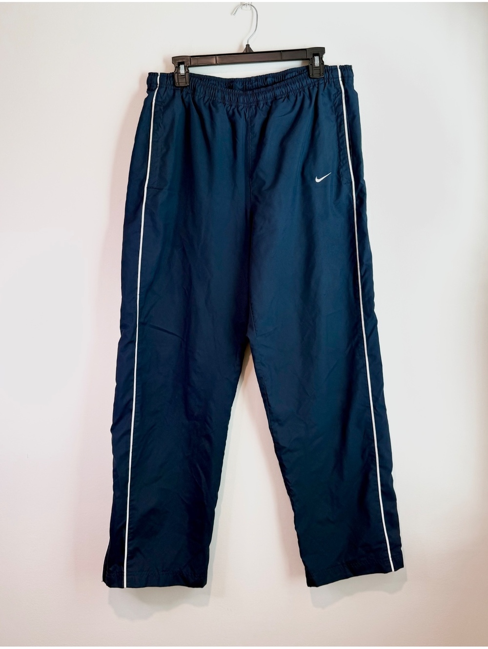 Vintage Y2K Nike Navy Blue Track Pants White Piping Windbreaker Pants Men’s M